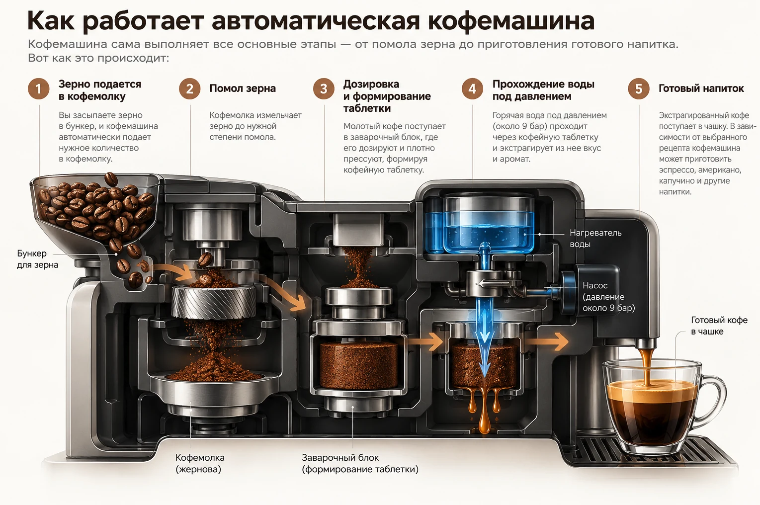 Схема работы автоматической кофемашины: помол зерна и приготовление эспрессо