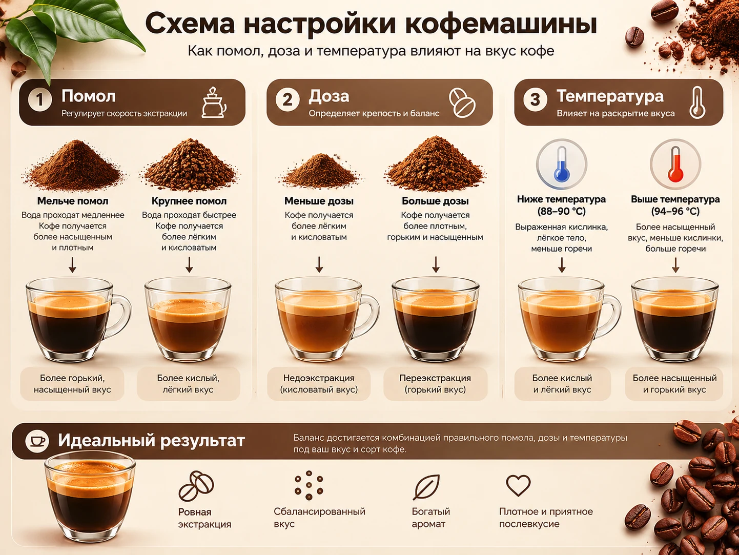 Инфографика по настройке помола, дозы и температуры кофемашины